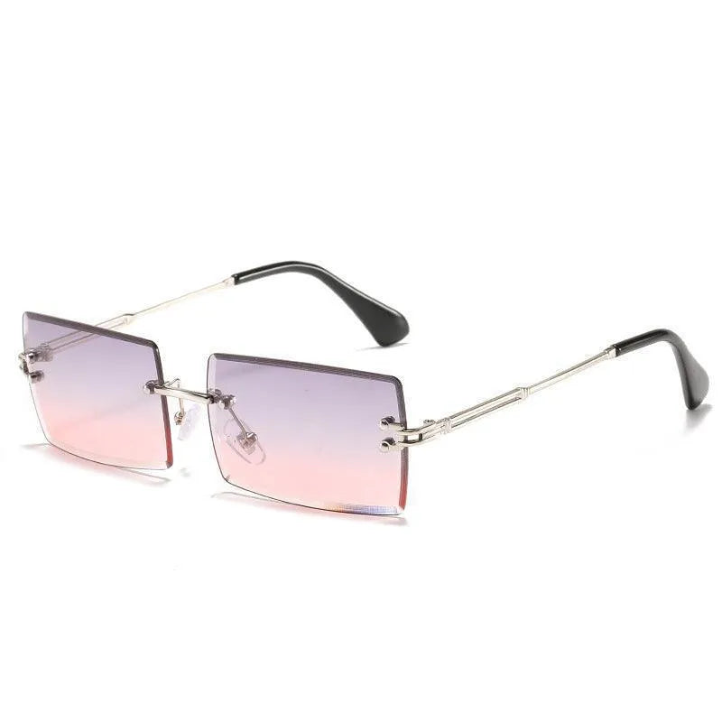 Rimless square sunglasses with gradient pink and purple lenses and slim silver metal arms