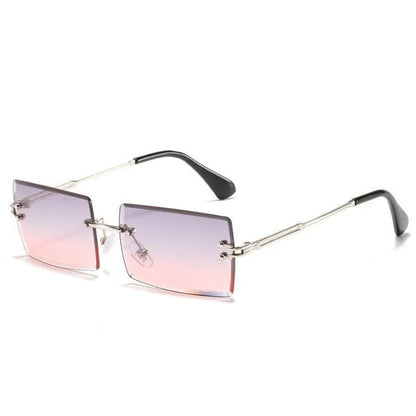Rimless square sunglasses with gradient pink and purple lenses and slim silver metal arms