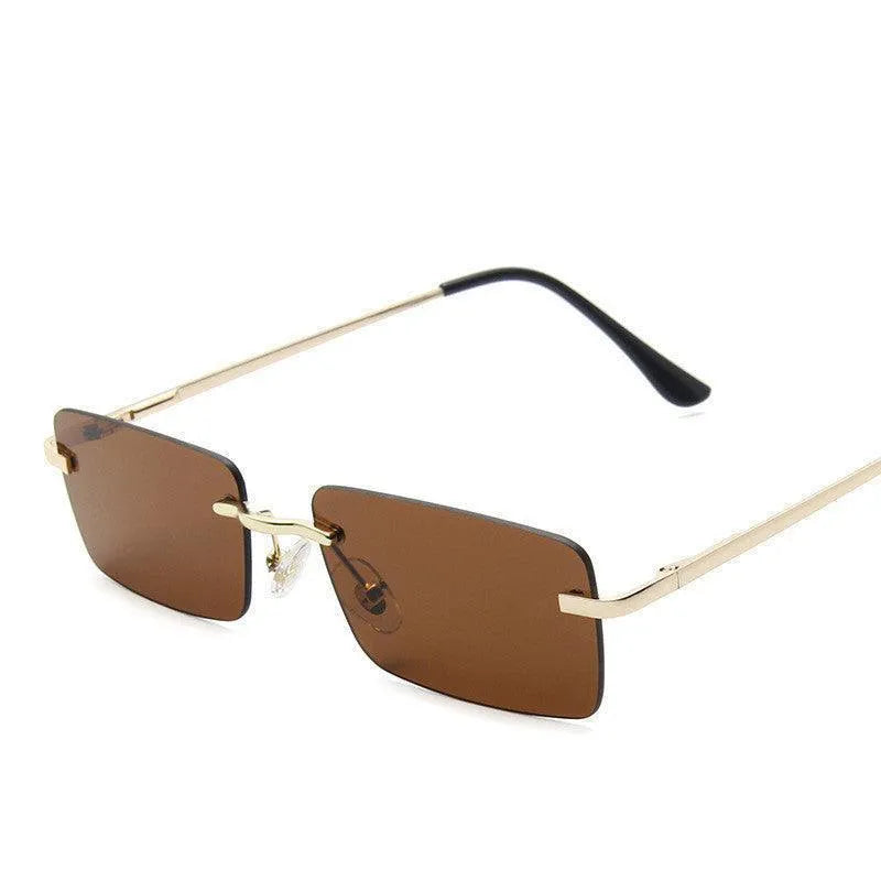 Rimless square sunglasses with brown lenses and thin gold metal temples with black tips