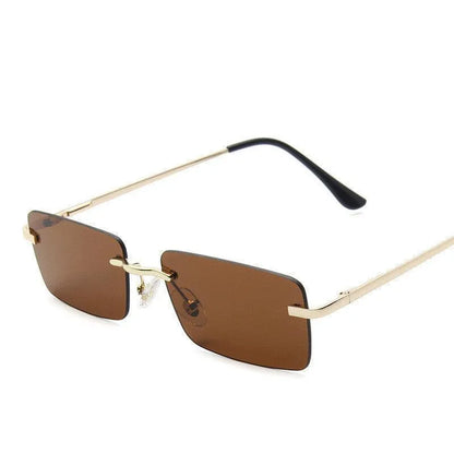 Rimless square sunglasses with brown lenses and thin gold metal temples with black tips