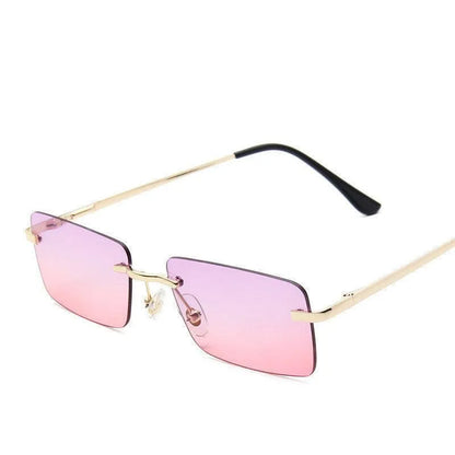 Women's rimless square sunglasses with pink and grey gradient lenses and slender gold temples