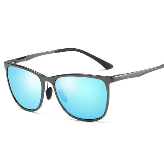 Sleek gunmetal frame sunglasses with blue polarized reflective lenses and adjustable nose pads