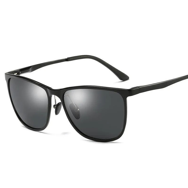 Black rectangular polarized sunglasses with aluminum magnesium frame and gray lenses
