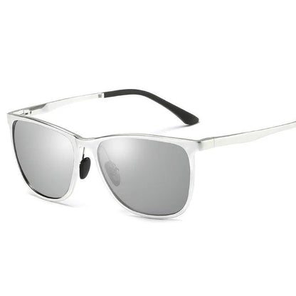 metal frame sunglasses with silver polarized lenses and black temple tips on white background