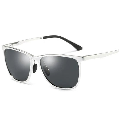 Rectangular polarized sunglasses with gray lenses and lightweight metallic silver frame