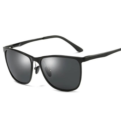 Black metal frame sunglasses with large rectangular polarized gray lenses and adjustable nose pads