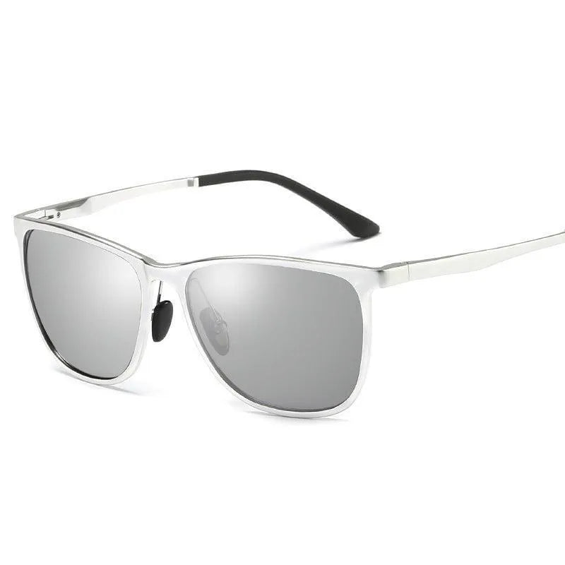 Silver aluminum magnesium frame sunglasses with mirrored gray polarized lenses and black temple tips