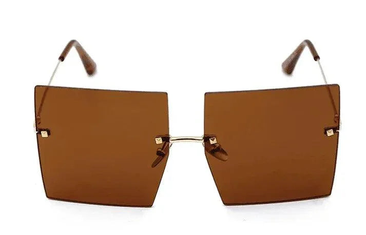 Brown rimless square sunglasses with gold accents, stylish unisex eyewear for fashion or daily wear