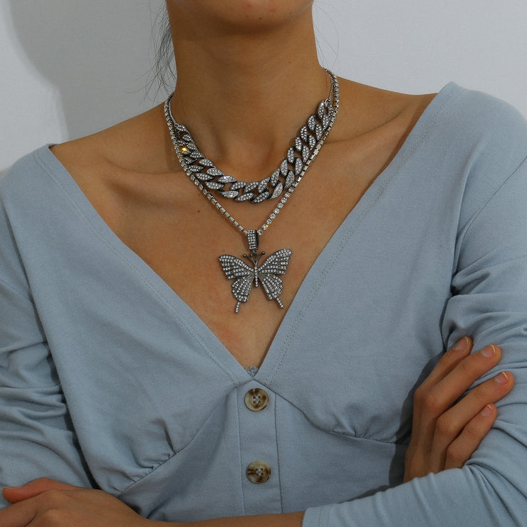 Iced-Out Bling Necklace with Diamond Butterfly Pendant