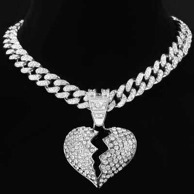 Exaggerated Geometric Heart Crack Pendant Cuban Necklace
