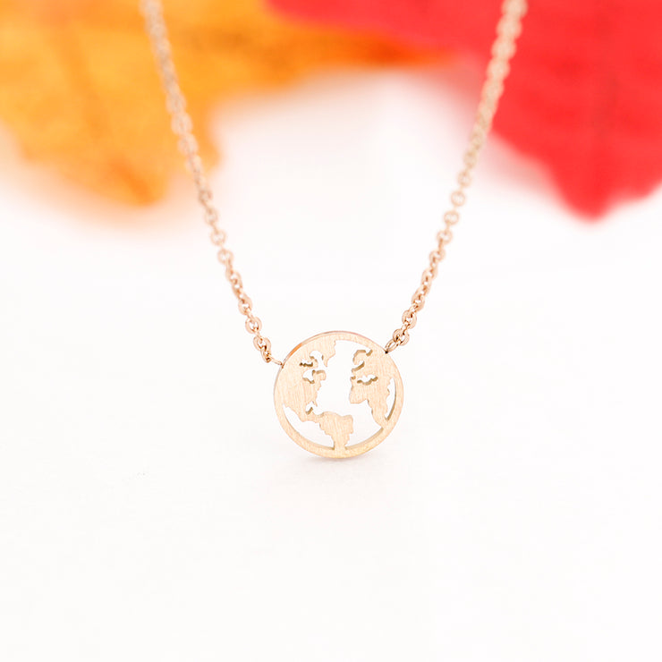 Stainless Steel World Map Necklace Circle Hollow Pendant