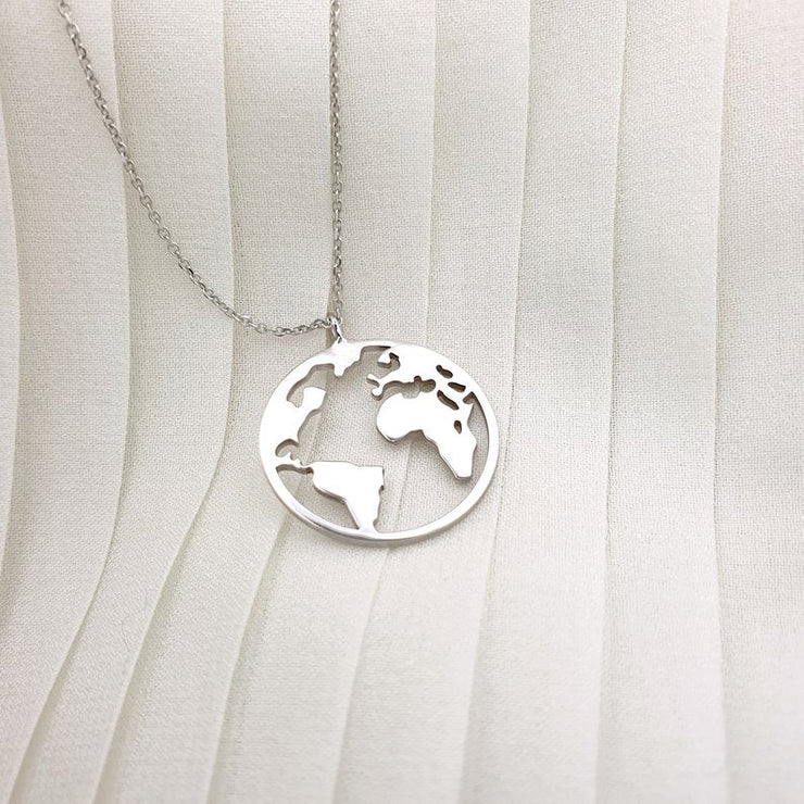 Stainless Steel World Map Necklace Circle Hollow Pendant